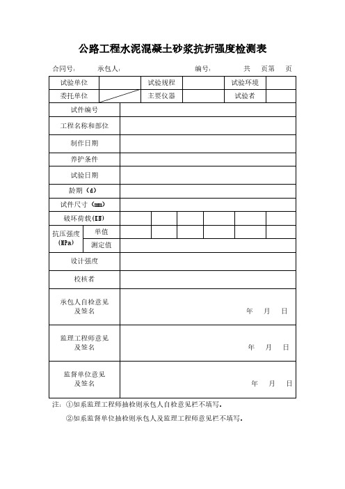 公路工程水泥混凝土砂浆抗折强度检测表模板