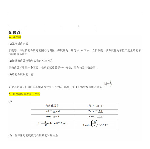 高中数学《7、1角与弧度》知识点+教案课件+习题