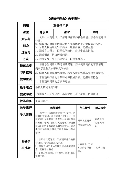 人教版高中语文选修--新闻阅读与实践《 彭德怀印象》教学设计(表格式)