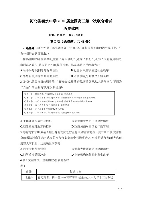 【全国百强校顶尖名校】河北省衡水中学2020届全国高三第一次联合考试历史试题