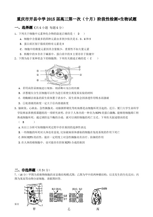 重庆市开县中学2015届高三第一次(十月)阶段性检测+生物试题