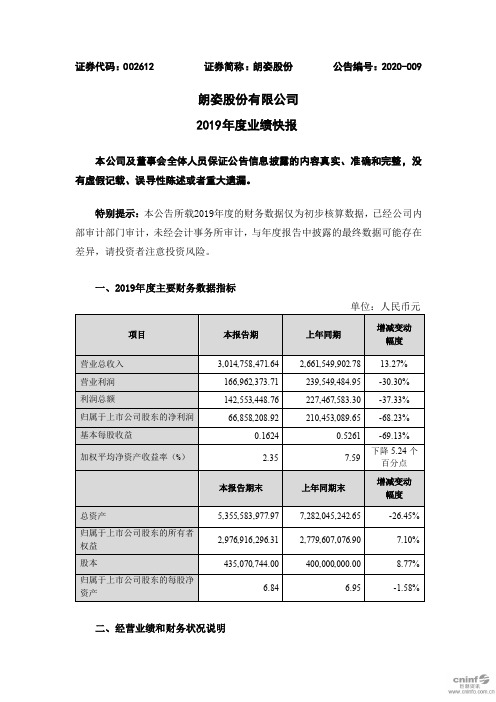 朗姿股份:2019年度业绩快报