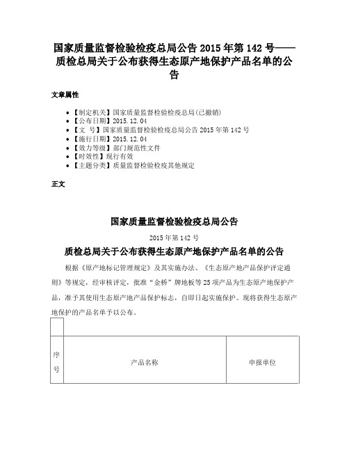 国家质量监督检验检疫总局公告2015年第142号——质检总局关于公布获得生态原产地保护产品名单的公告