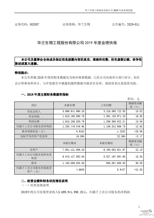 华兰生物：2019年度业绩快报