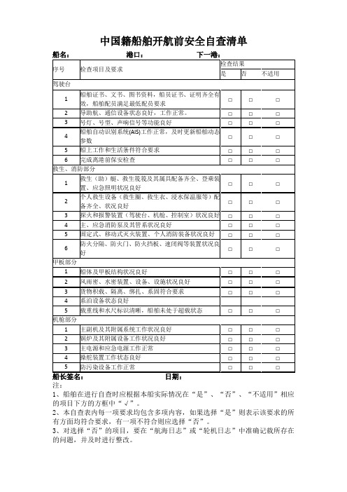 中国籍船舶开航前安全自查清单