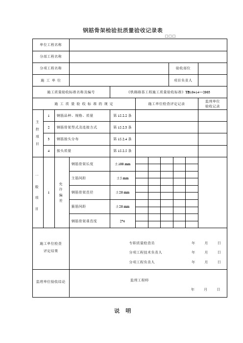 钢筋骨架检验批质量验收记录表