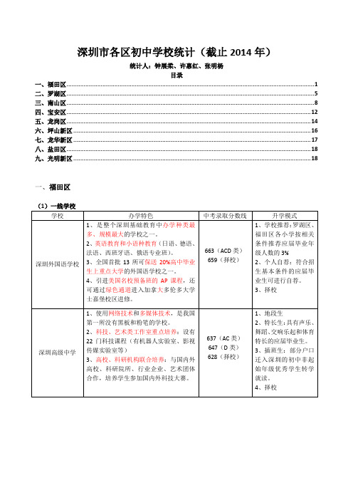 深圳市各区初中学校统计(截止2014年)