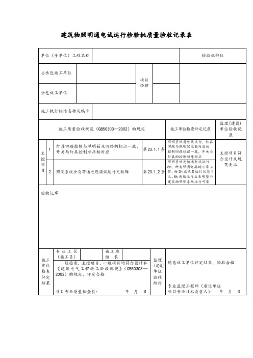 建筑物照明通电试运行检验批质量验收记录表