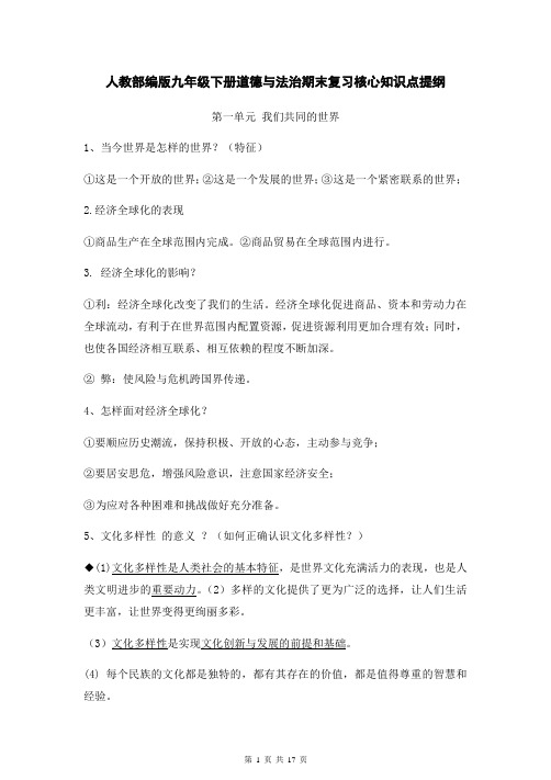 [直接打印]人教部编版九年级下册道德与法治期末复习核心知识点提纲