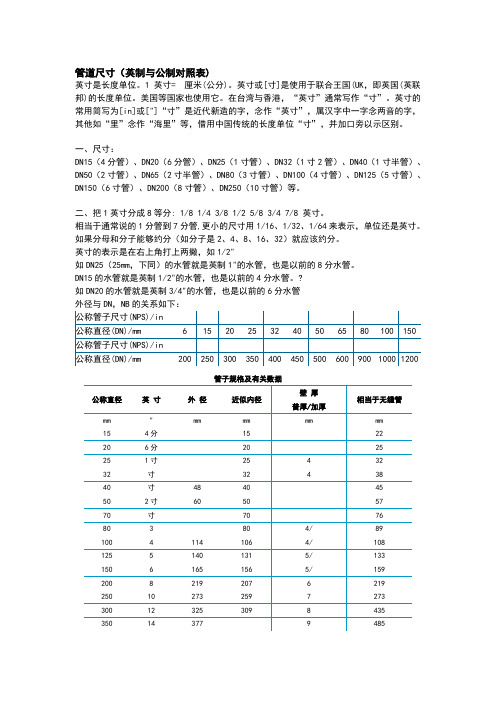 管道英制与公制对照表