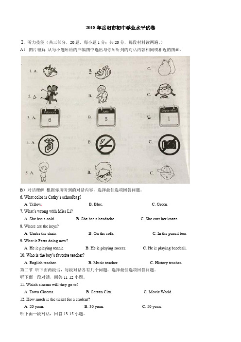 2018年湖南省岳阳市中考英语试题(含解析)