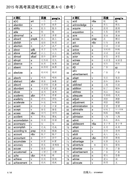 2015年高考英语考试词汇表（中英A-C）