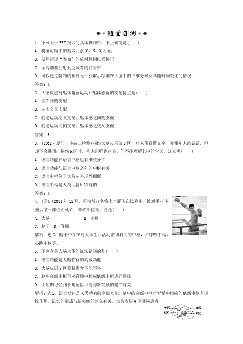 高中生物 1.3.3 人脑的高级功能同步训练 中图版必修3