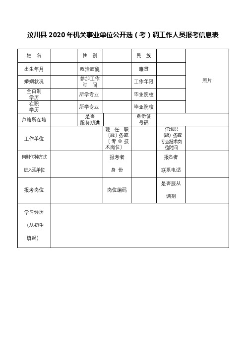 汶川县2020年机关事业单位公开选(考)调工作人员报考信息表【模板】