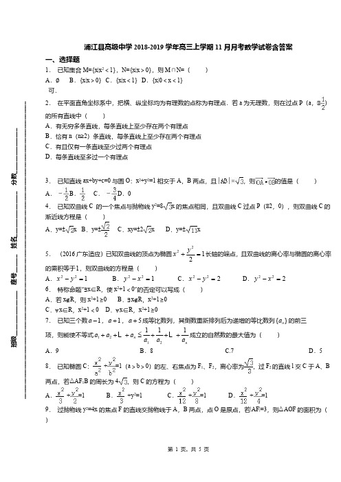 浦江县高级中学2018-2019学年高三上学期11月月考数学试卷含答案