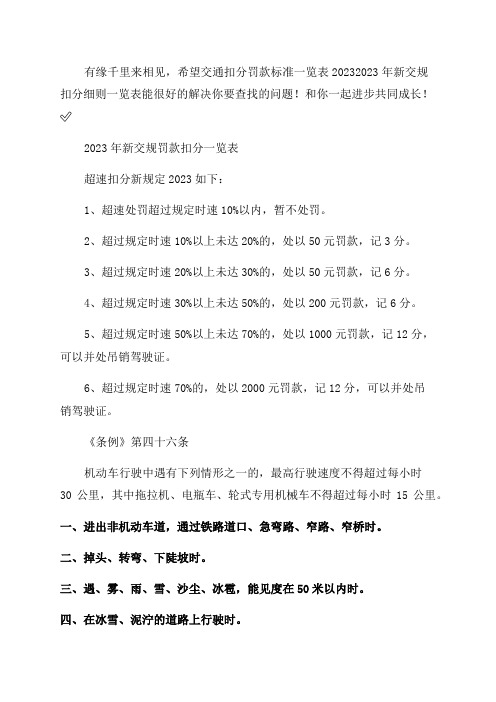 交通扣分罚款标准一览表2023及2023年新交规扣分细则一览表