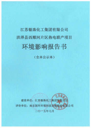 江苏银珠化工集团有限公司洪泽县西顺河片区热电联产项目环境影响报告书