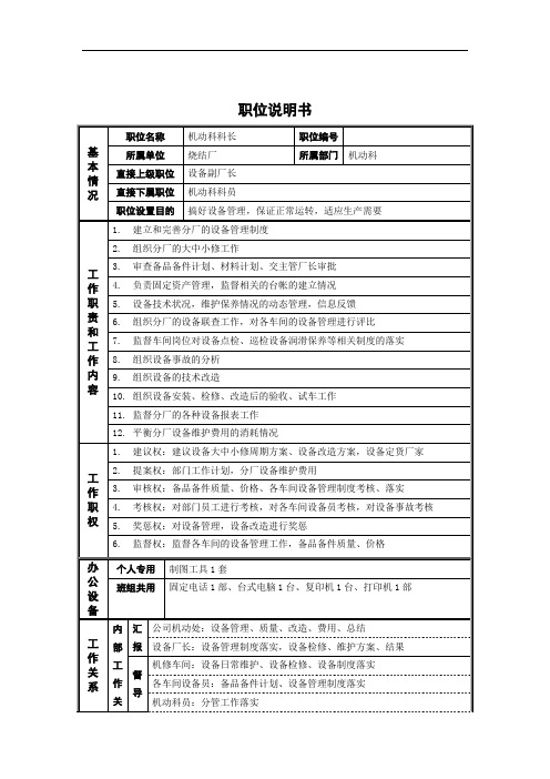 烧结厂机动科科长岗位说明书.doc