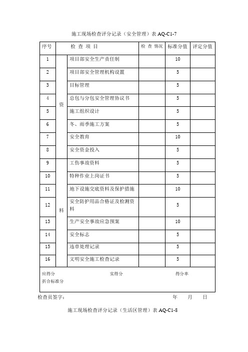 天衣坊内衣施工现场检查评分记录(生活区管理)表AQ-C1-8