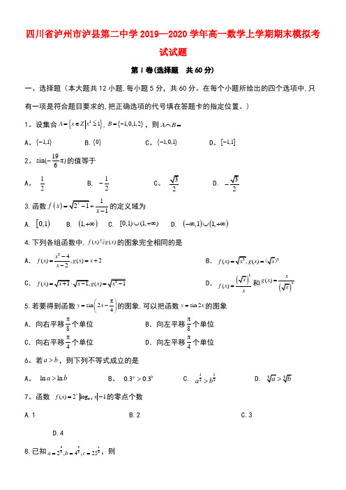 四川省泸州市泸县第二中学2020学年高一数学上学期期末模拟考试试题(最新整理)