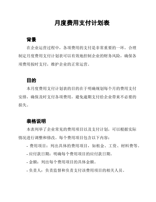 月度费用支付计划表