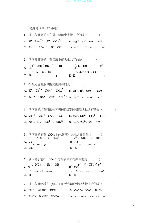 初中化学离子共存专题