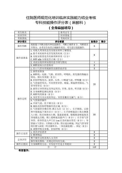 住院医师规范化培训临床实践能力结业考核专科技能操作评分表(麻醉科)全身麻醉诱导