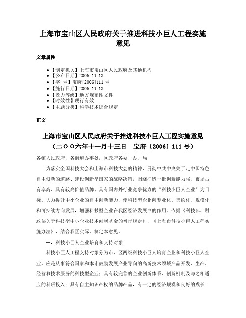 上海市宝山区人民政府关于推进科技小巨人工程实施意见