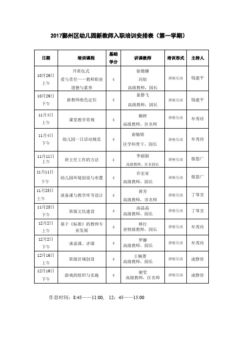 2017鄞州区幼儿园新教师入职培训安排表(第一学期)