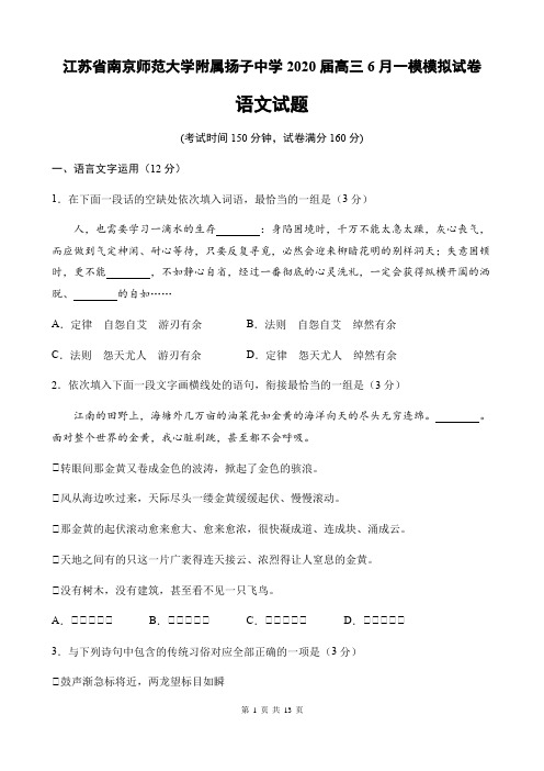 江苏省南京师范大学附属扬子中学2020届高三6月一模模拟语文试卷(13页)