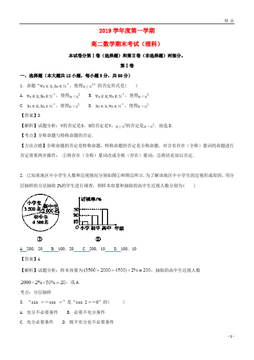 2019学年高二数学上学期期末考试试题 理(含解析)(新版)新人教版