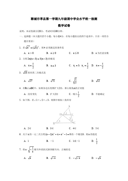 聊城市莘县第一学期九年级期中学业水平统一检测