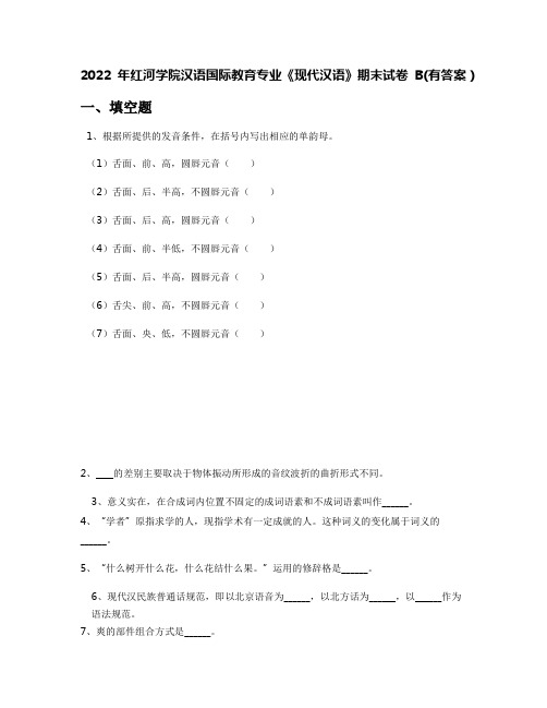 2022年红河学院汉语国际教育专业《现代汉语》期末试卷B(有答案)