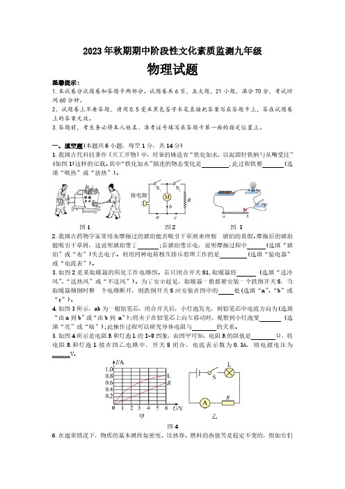 河南省南阳市唐河县2023-2024学年上学期九年级期中考试物理试卷(含答案)