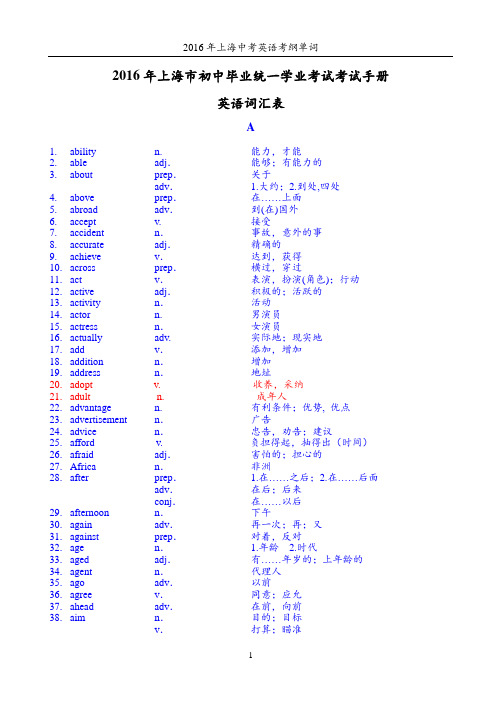 2017年上海中考英语考纲词汇(全)