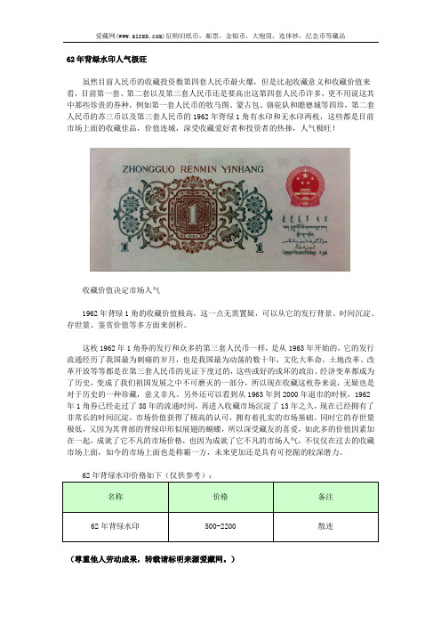 62年背绿水印人气极旺