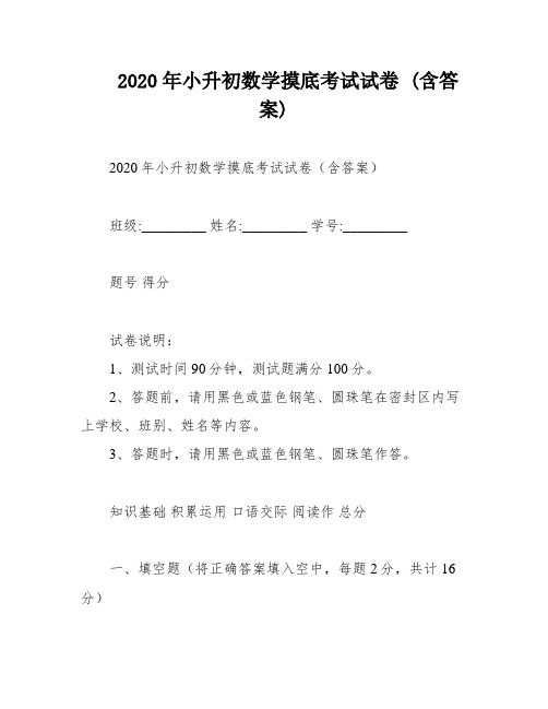 2020年小升初数学摸底考试试卷 (含答案)