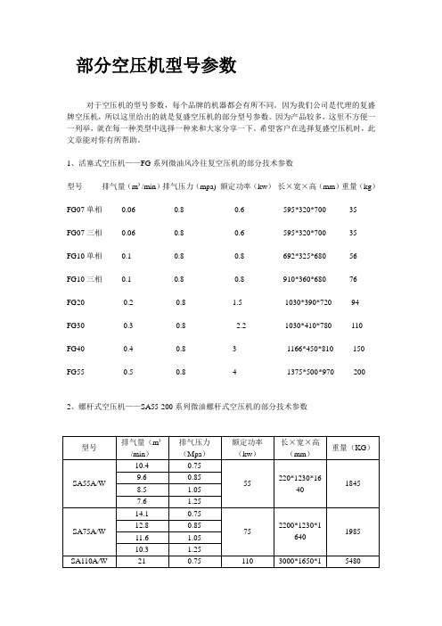 空压机型号参数