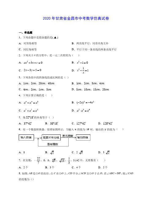 2020年甘肃省金昌市中考数学仿真试卷(有解析)