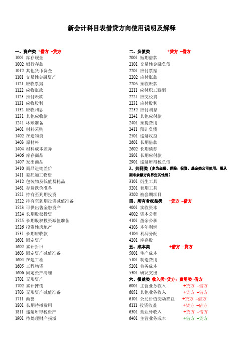 新会计科目表借贷方向使用说明及解释