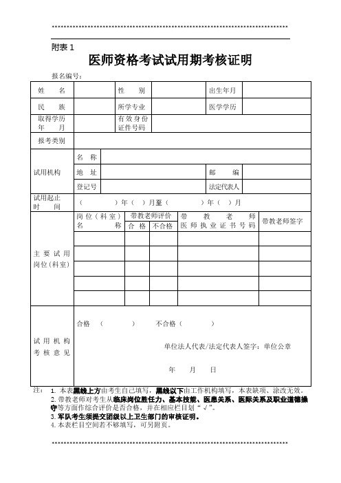 医师资格考试试用期考核证明(填写模板)