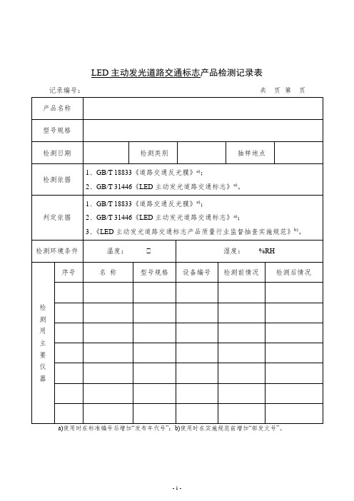 LED主动发光道路交通标志产品检测记录表