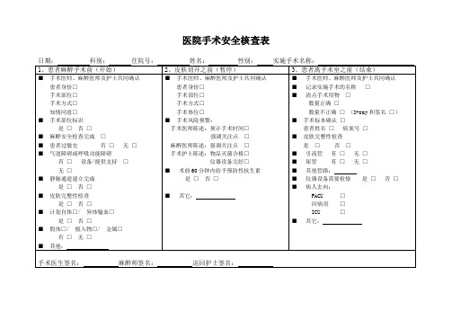 医院手术安全核查表