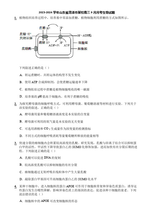 2023-2024学年山东省菏泽市某校高三9月月考生物试题