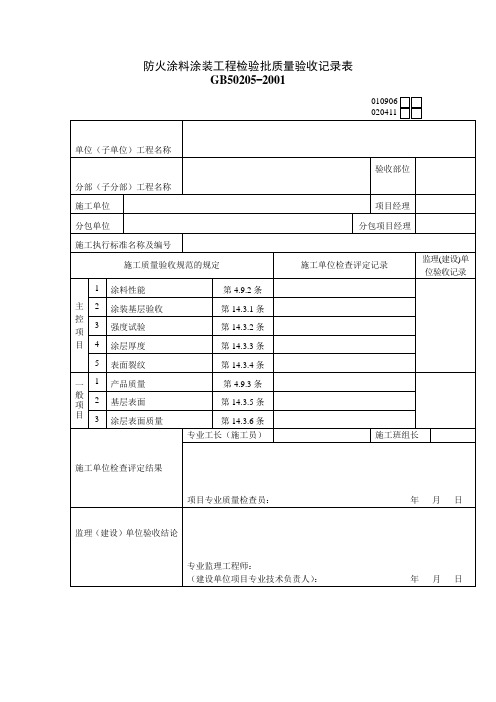 防火涂料涂装工程检验批质量验收记录表