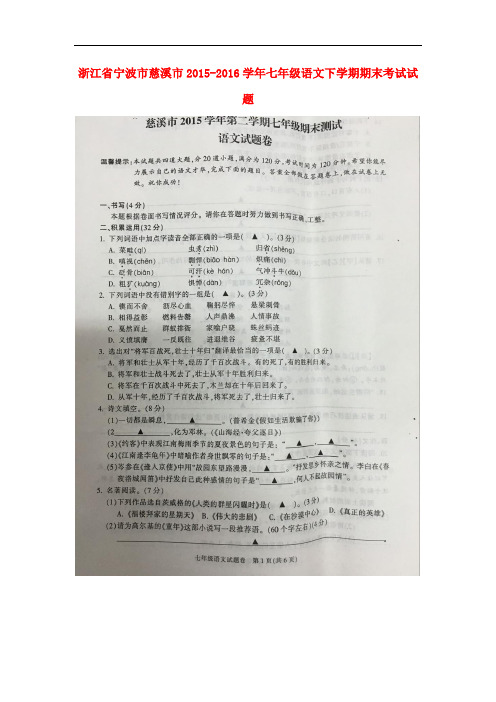 浙江省宁波市慈溪市2015_2016学年七年级语文下学期期末考试试题(扫描版)浙教版