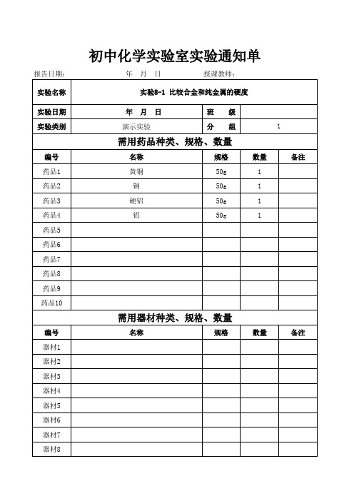 人教版九年级化学初中化学实验室演示实验通知单(下册)