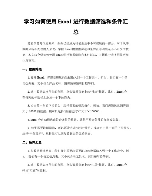 学习如何使用Excel进行数据筛选和条件汇总