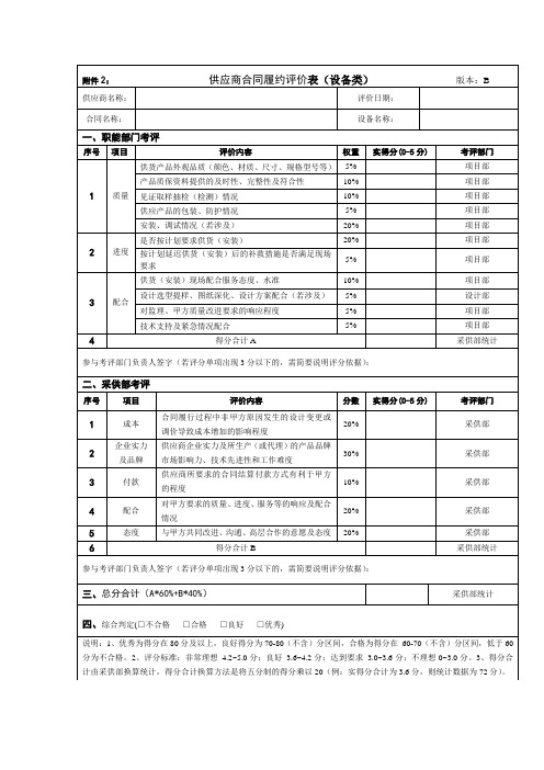 供应商合同履约评价表(设备类) 