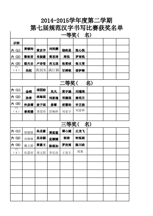 (六年级)第七届规范汉字书写比赛获奖名单